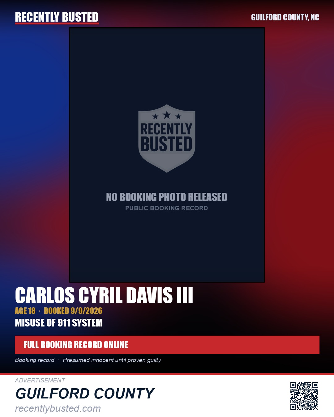 CARLOS CYRIL DAVIS III — arrest record card, Guilford County, North Carolina