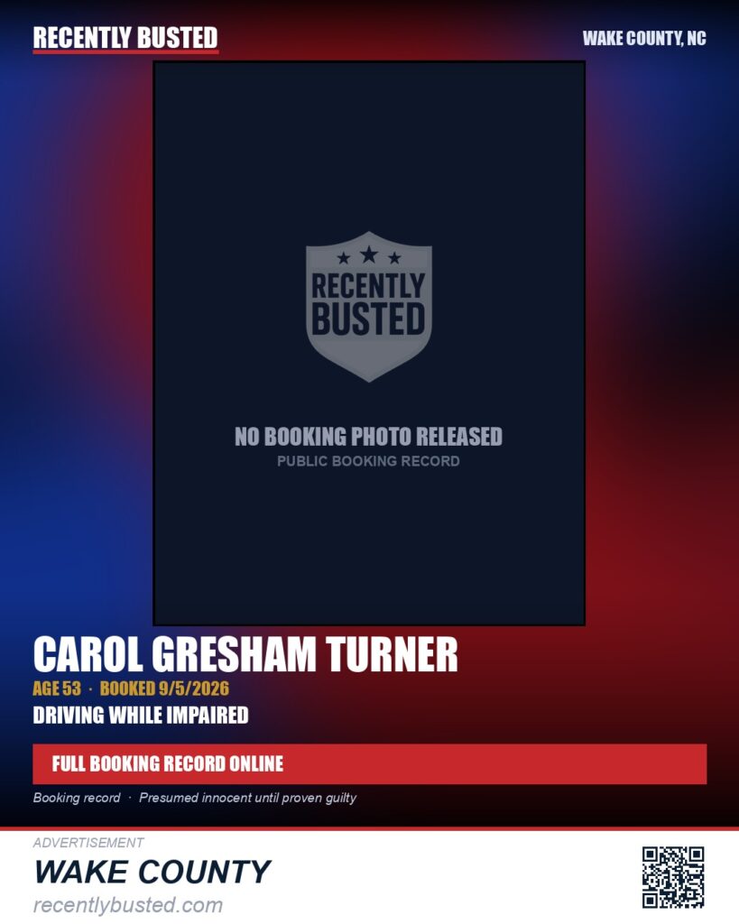 CAROL GRESHAM TURNER — arrest record card, Wake County, North Carolina