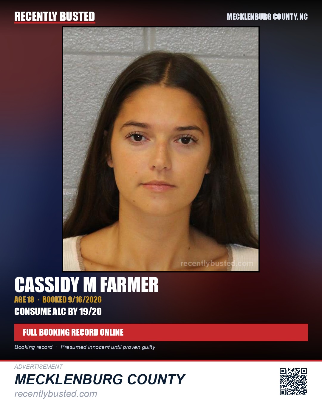 CASSIDY M FARMER — arrest record card, Mecklenburg County, North Carolina