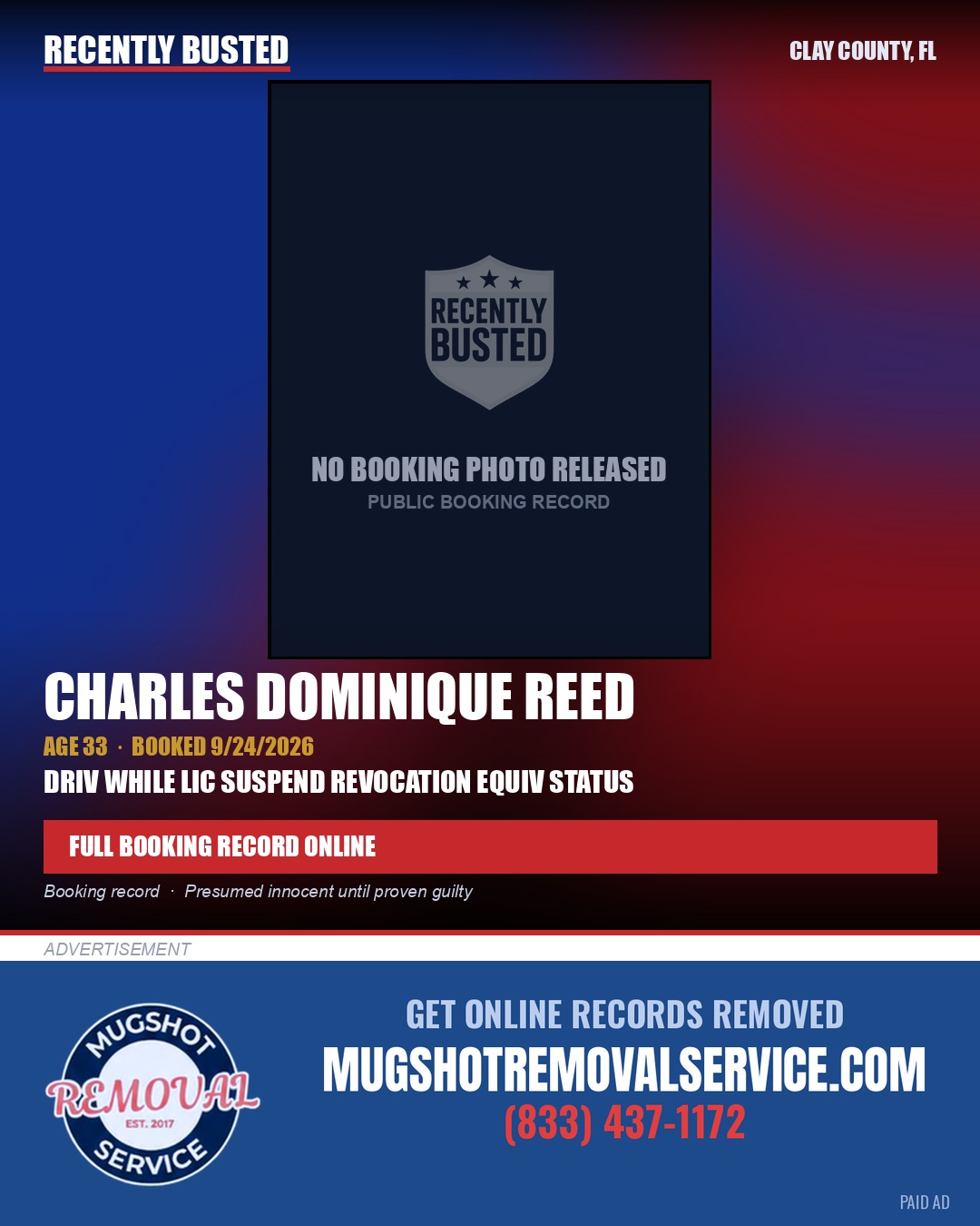 CHARLES DOMINIQUE REED — arrest record card, Clay County, Florida