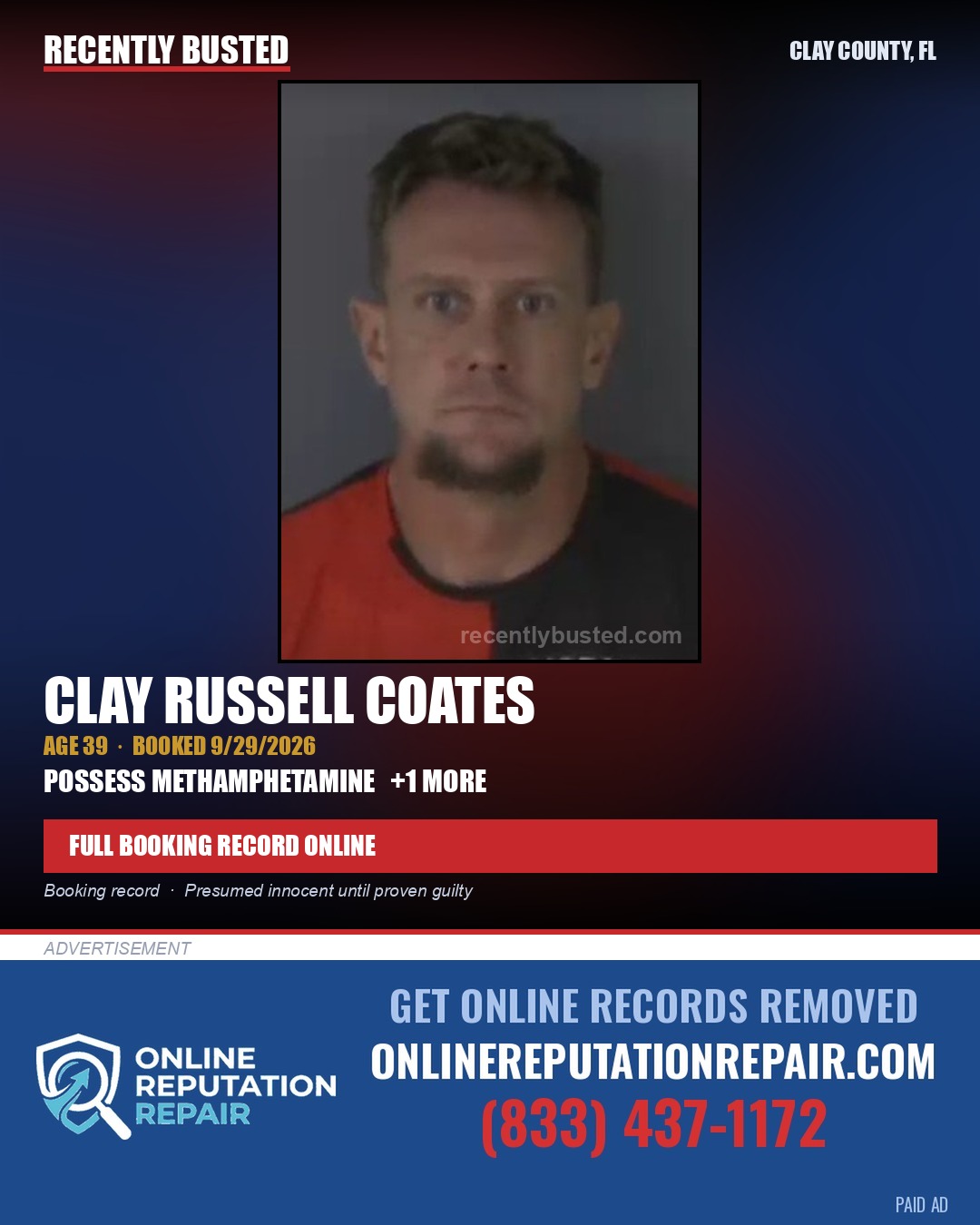 CLAY RUSSELL COATES — arrest record card, Clay County, Florida