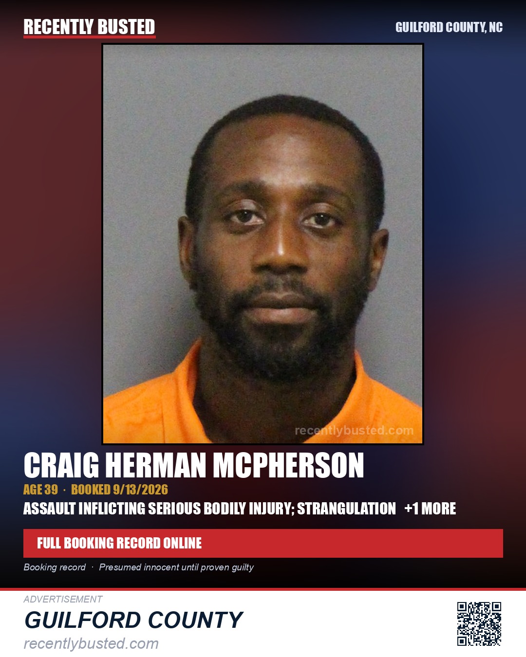 CRAIG HERMAN MCPHERSON — arrest record card, Guilford County, North Carolina