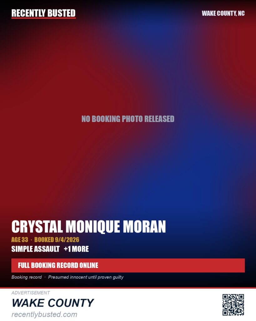 CRYSTAL MONIQUE MORAN — arrest record card, Wake County, North Carolina