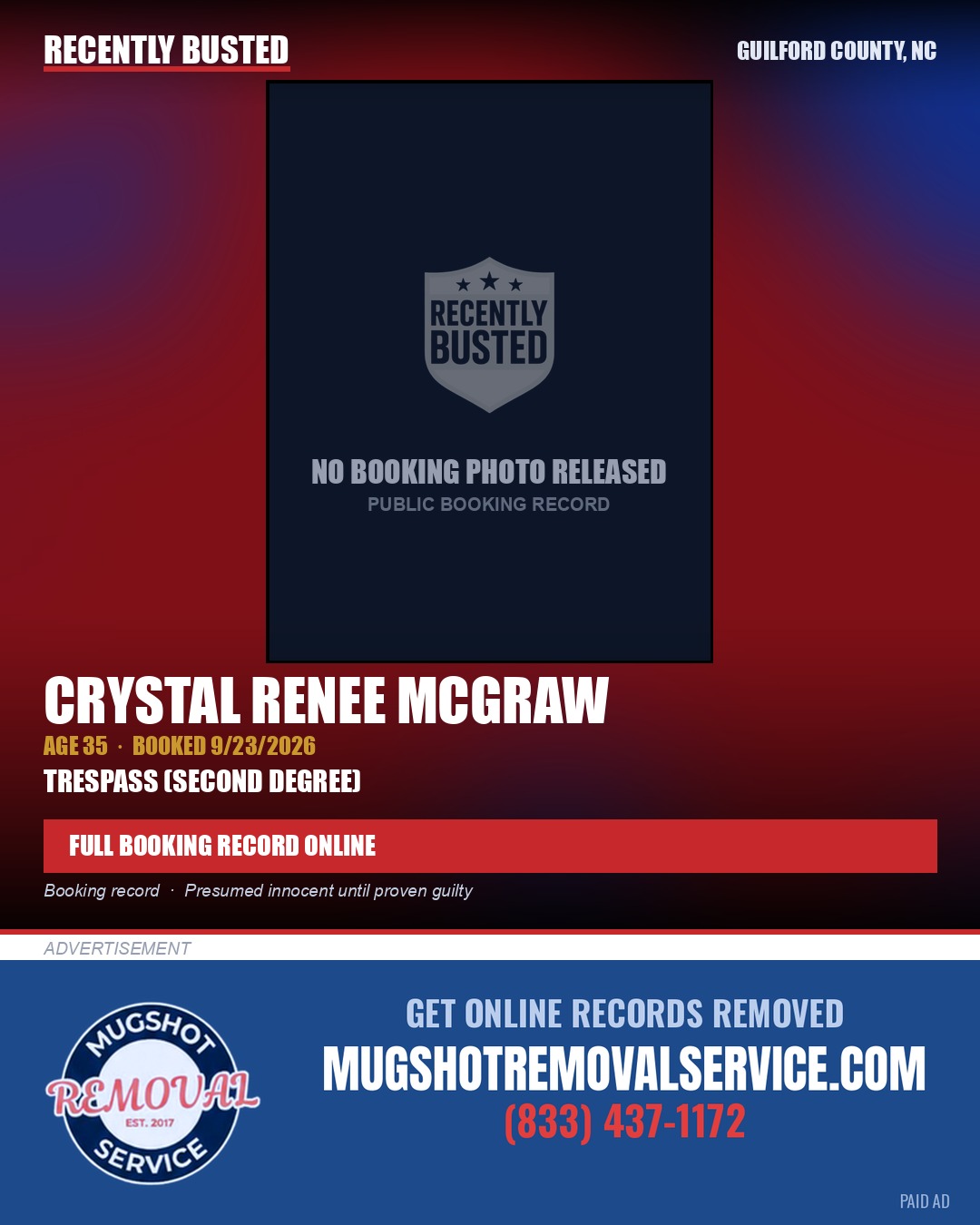 CRYSTAL RENEE MCGRAW — arrest record card, Guilford County, North Carolina