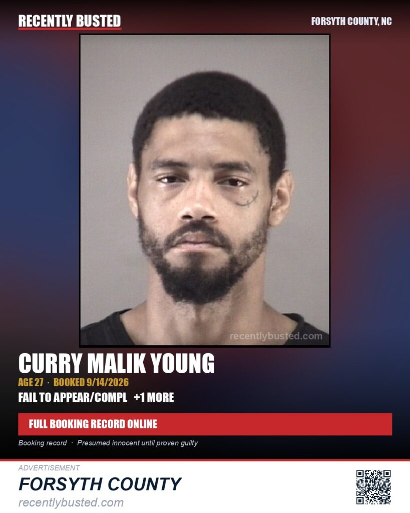 CURRY MALIK YOUNG — arrest record card, Forsyth County, North Carolina