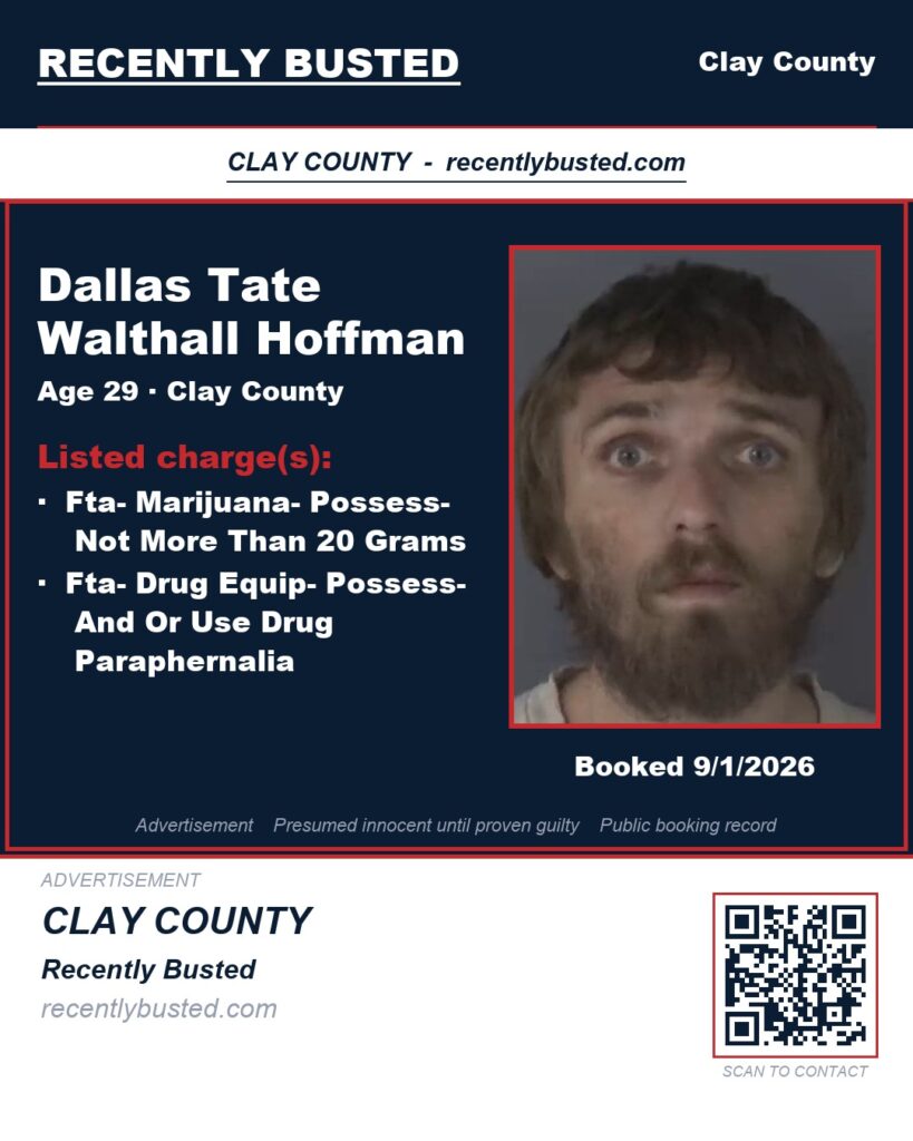 DALLAS TATE WALTHALL HOFFMAN — arrest record card, Clay County, Florida