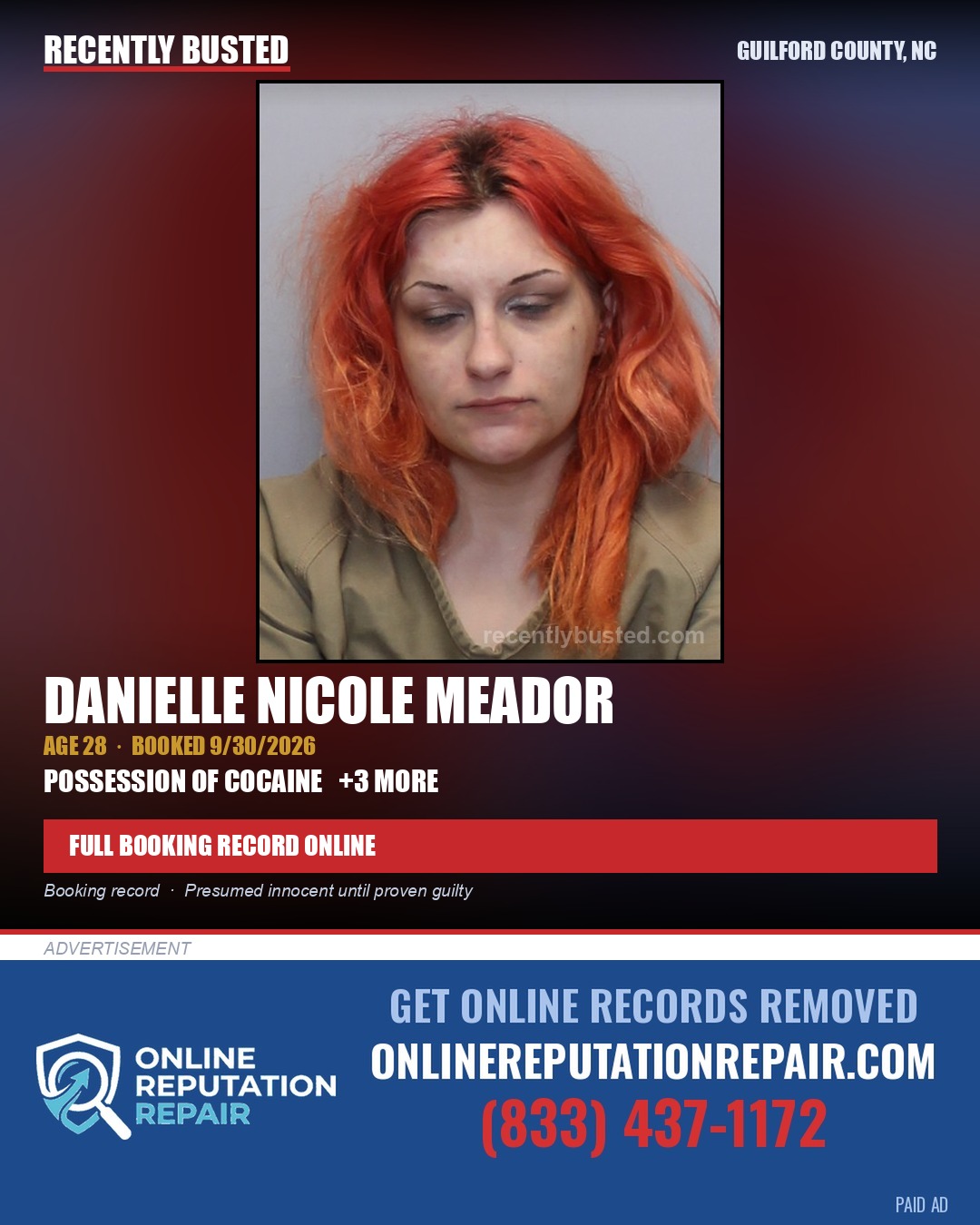 DANIELLE NICOLE MEADOR — arrest record card, Guilford County, North Carolina