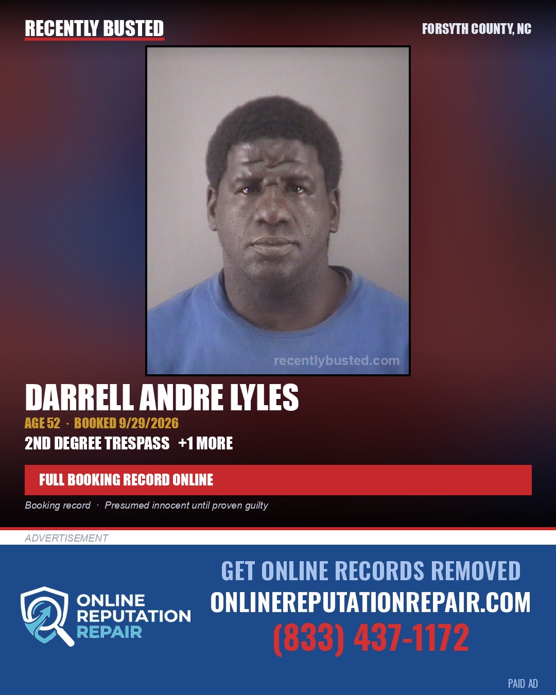 DARRELL ANDRE LYLES — arrest record card, Forsyth County, North Carolina