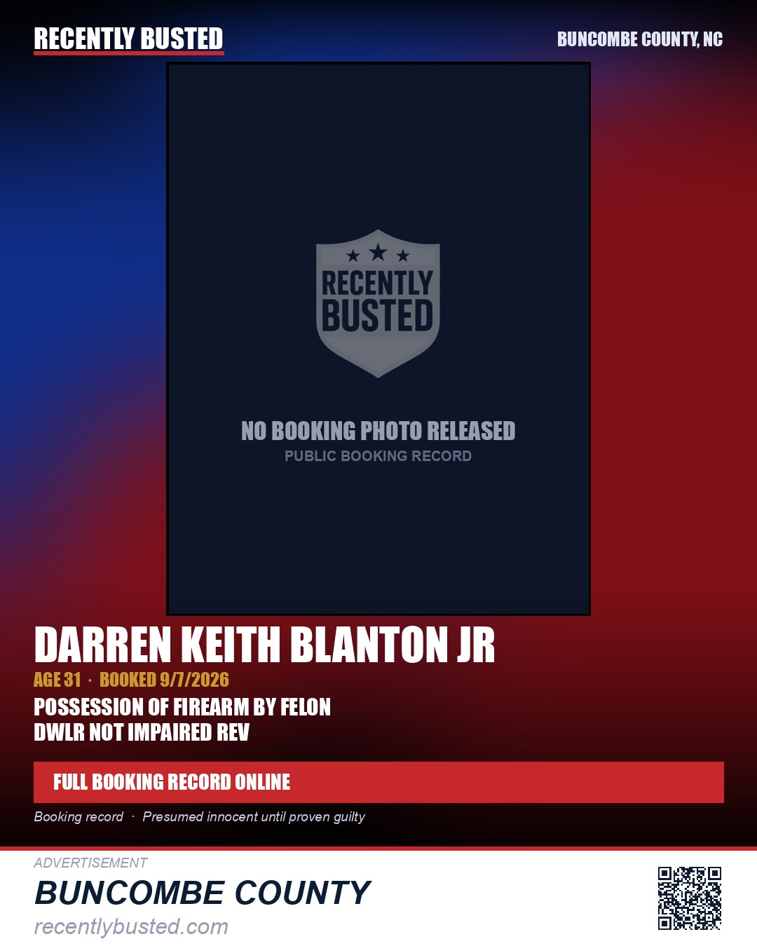 DARREN KEITH BLANTON JR — arrest record card, Buncombe County, North Carolina