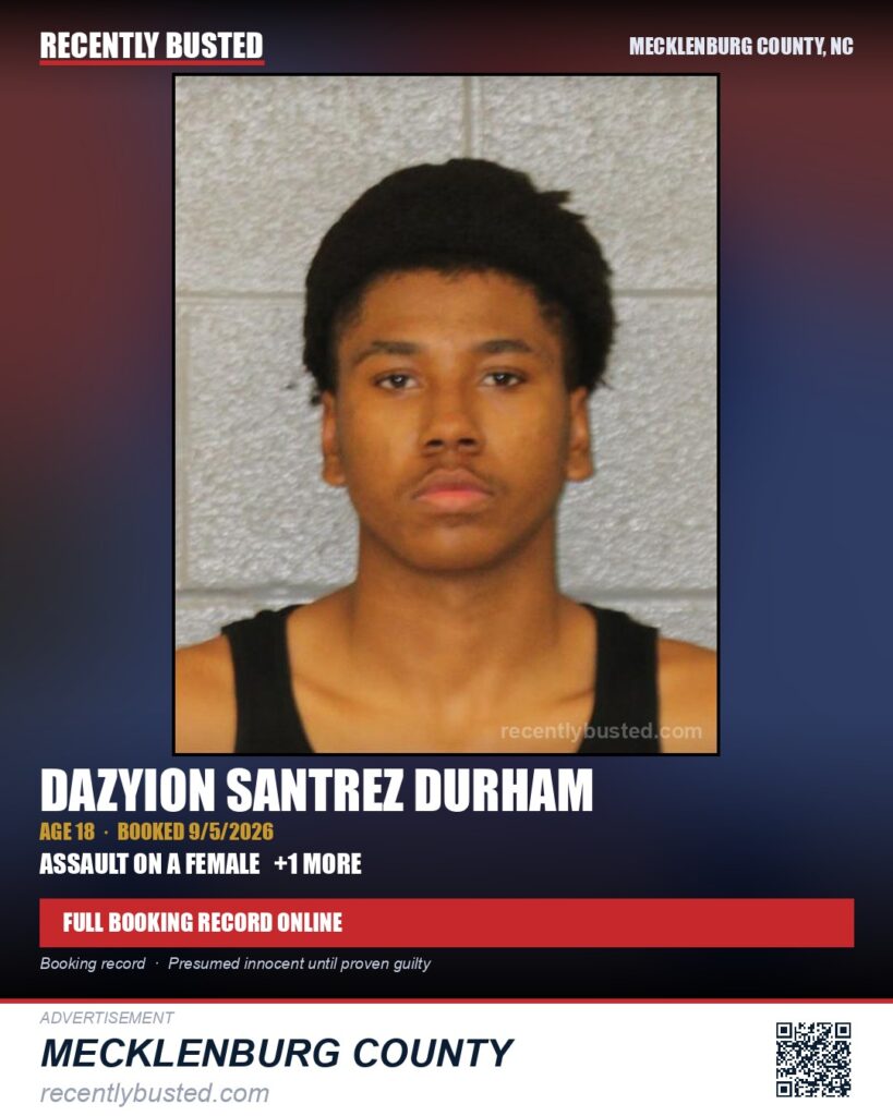 DAZYION SANTREZ DURHAM — arrest record card, Mecklenburg County, North Carolina