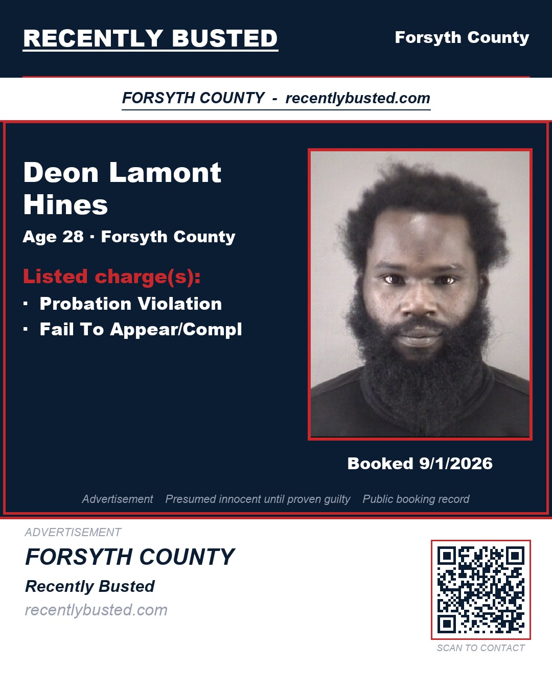 DEON LAMONT HINES — arrest record card, Forsyth County, North Carolina
