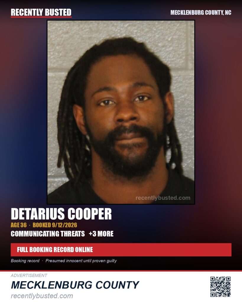 DETARIUS COOPER — arrest record card, Mecklenburg County, North Carolina