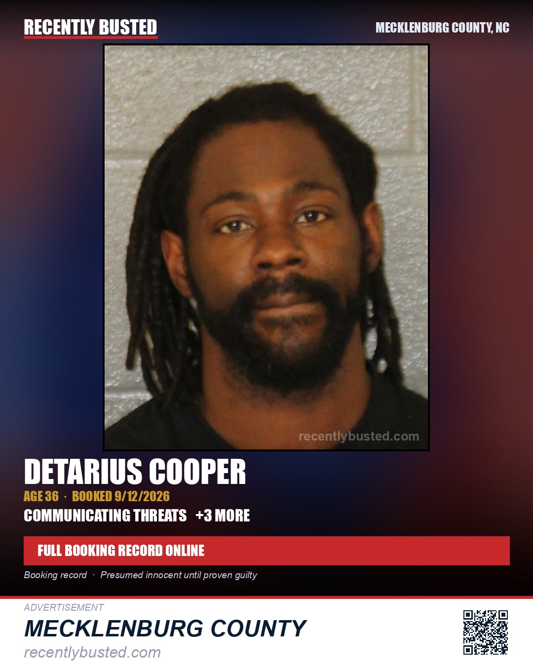 DETARIUS COOPER — arrest record card, Mecklenburg County, North Carolina
