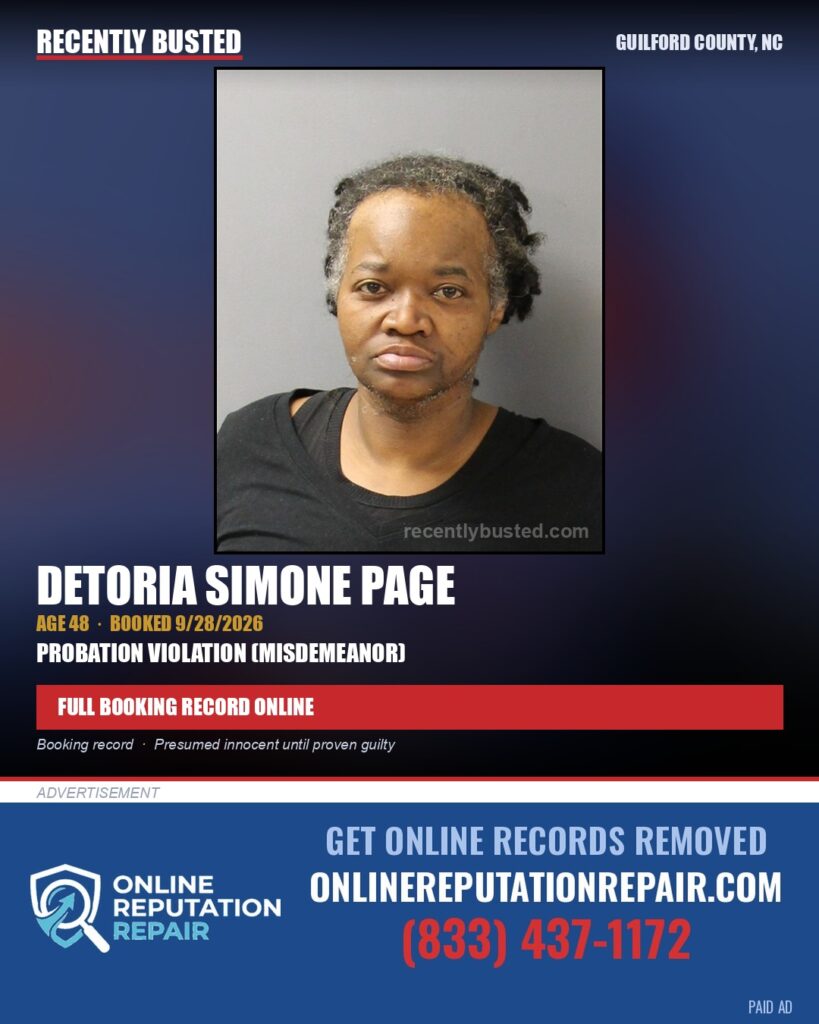 DETORIA SIMONE PAGE — arrest record card, Guilford County, North Carolina