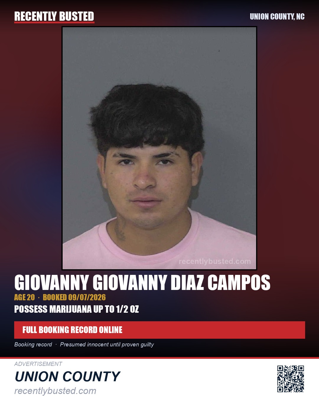 DIAZ CAMPOS, GIOVANNY GIOVANNY — arrest record card, Union County, North Carolina