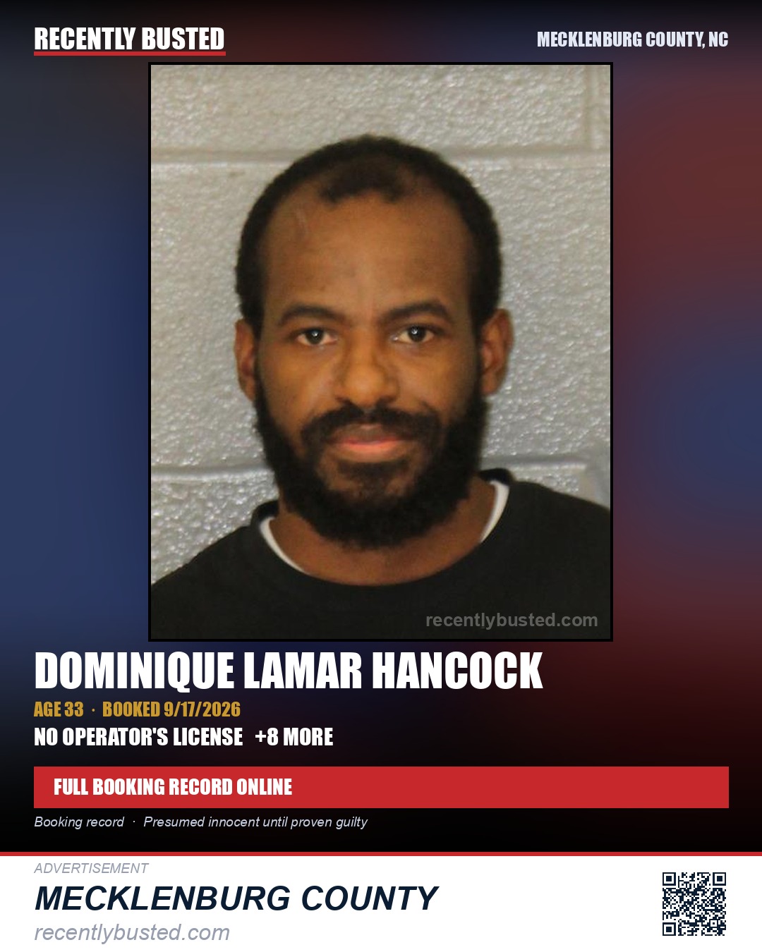 DOMINIQUE LAMAR HANCOCK — arrest record card, Mecklenburg County, North Carolina