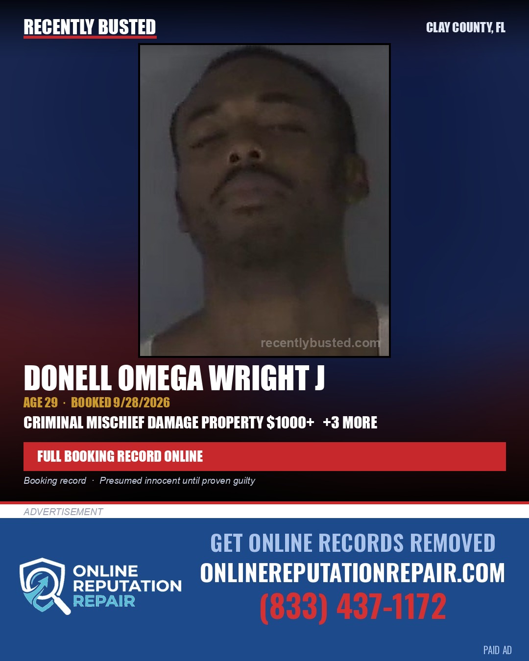 DONELL OMEGA WRIGHT J — arrest record card, Clay County, Florida