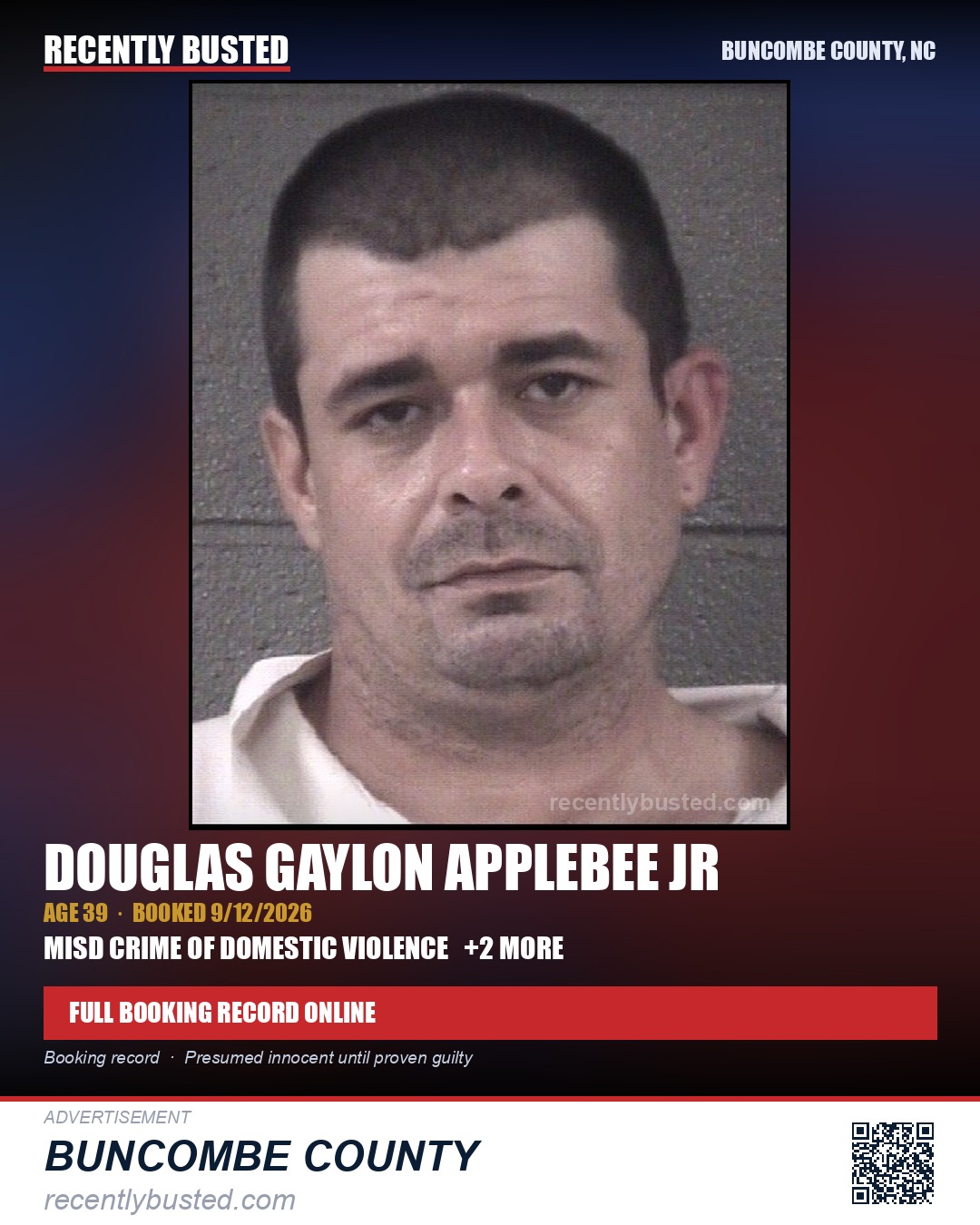 DOUGLAS GAYLON APPLEBEE JR — arrest record card, Buncombe County, North Carolina