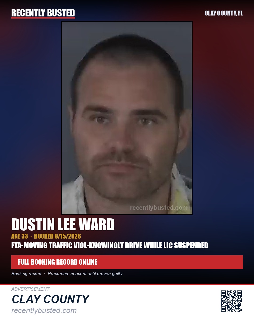 DUSTIN LEE WARD — arrest record card, Clay County, Florida