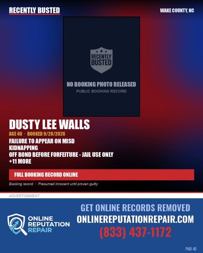DUSTY LEE WALLS — arrest record card, Wake County, North Carolina