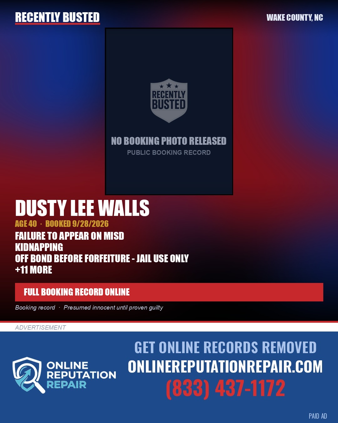 DUSTY LEE WALLS — arrest record card, Wake County, North Carolina