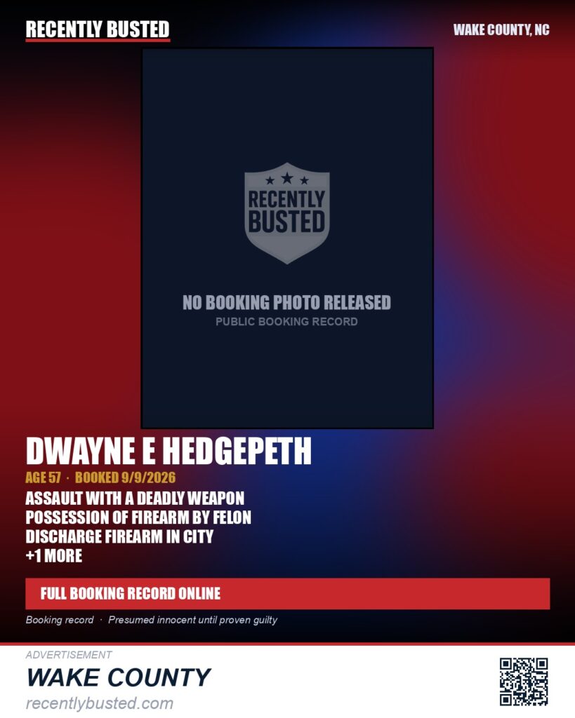 DWAYNE E HEDGEPETH — arrest record card, Wake County, North Carolina