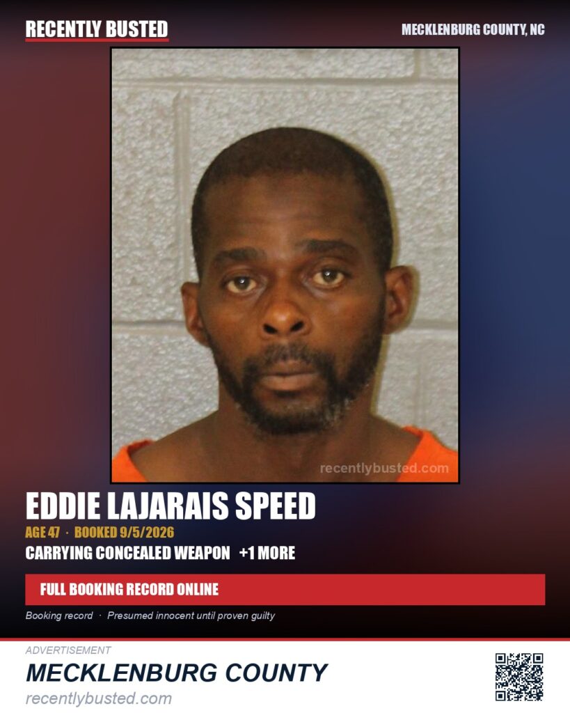 EDDIE LAJARAIS SPEED — arrest record card, Mecklenburg County, North Carolina