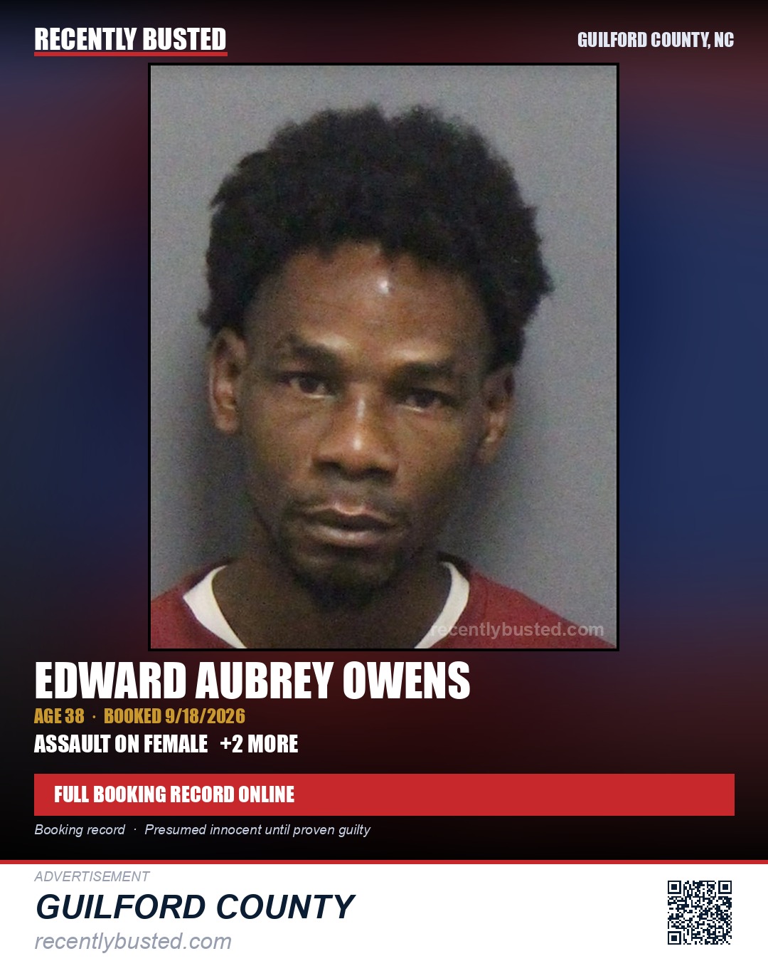 EDWARD AUBREY OWENS — arrest record card, Guilford County, North Carolina