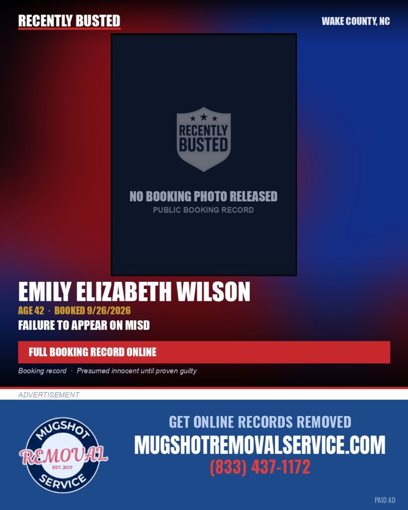 EMILY ELIZABETH WILSON — arrest record card, Wake County, North Carolina