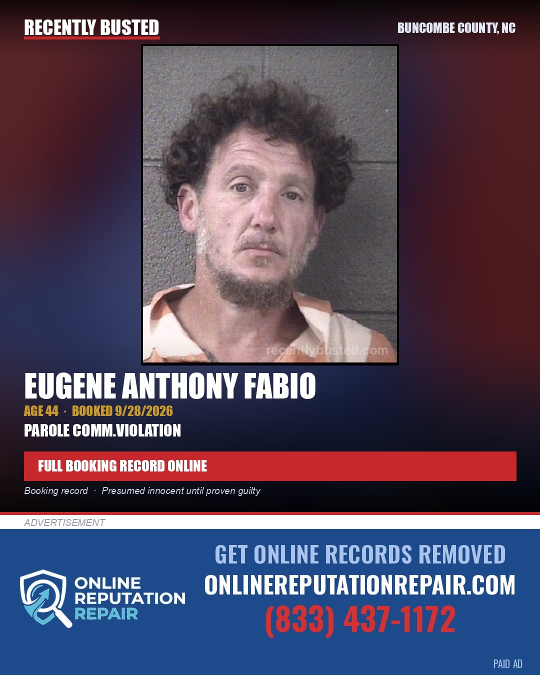 EUGENE ANTHONY FABIO — arrest record card, Buncombe County, North Carolina