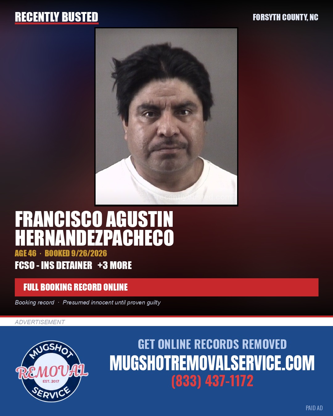 FRANCISCO AGUSTIN HERNANDEZPACHECO — arrest record card, Forsyth County, North Carolina