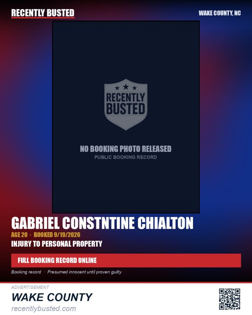 GABRIEL CONSTNTINE CHIALTON — arrest record card, Wake County, North Carolina