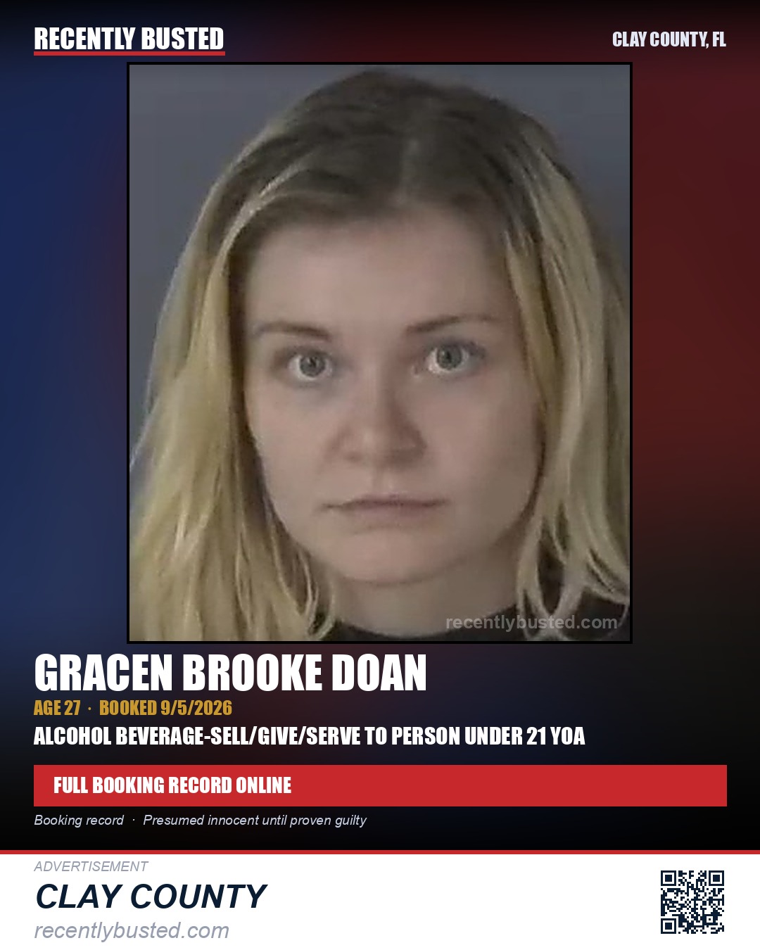 GRACEN BROOKE DOAN — arrest record card, Clay County, Florida