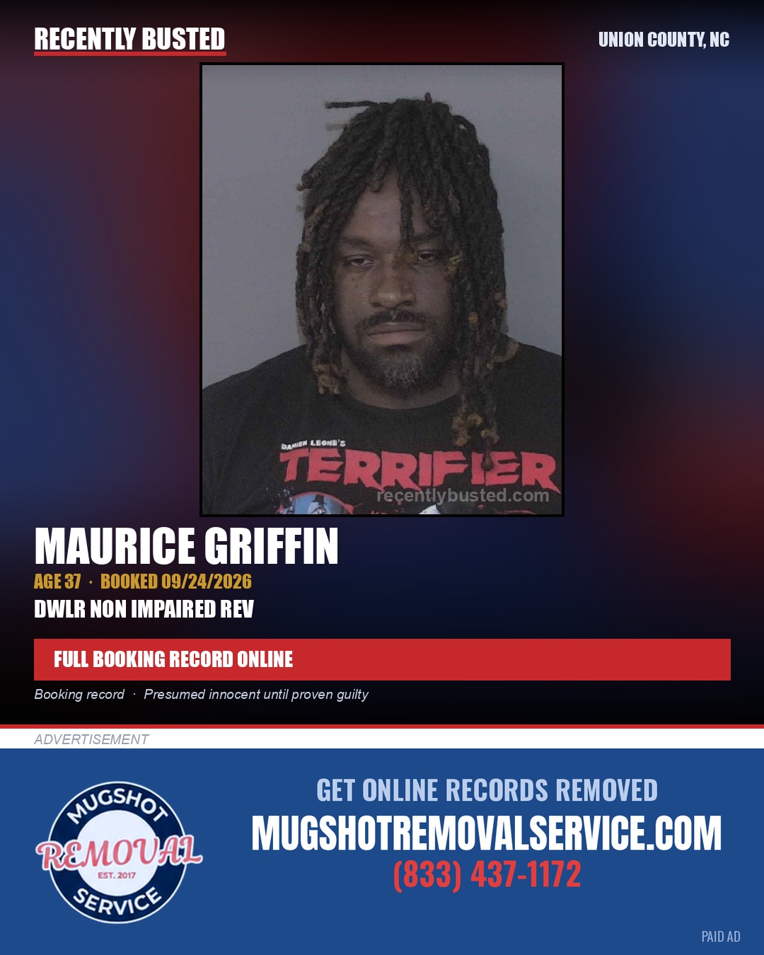 GRIFFIN, MAURICE — arrest record card, Union County, North Carolina
