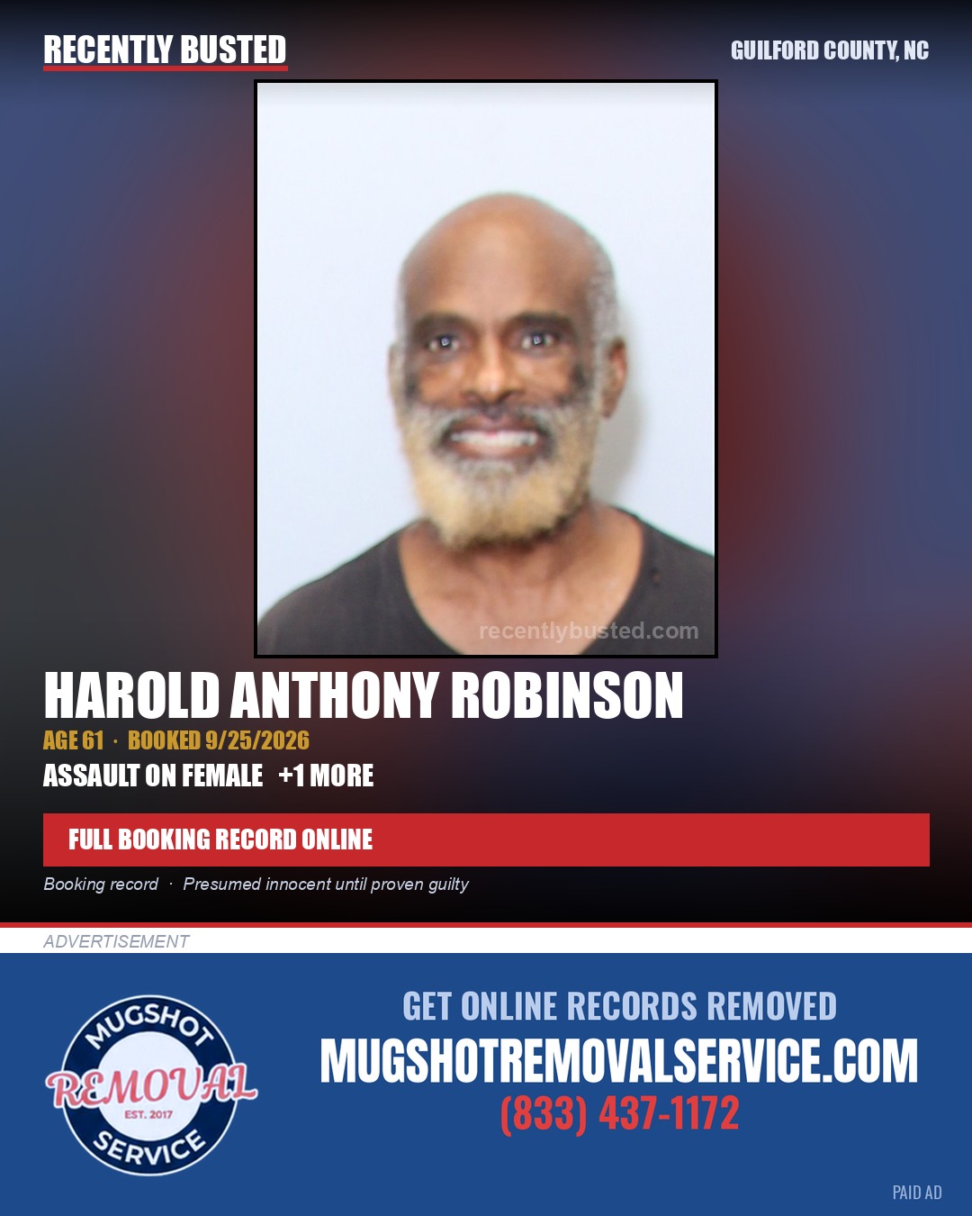 HAROLD ANTHONY ROBINSON — arrest record card, Guilford County, North Carolina