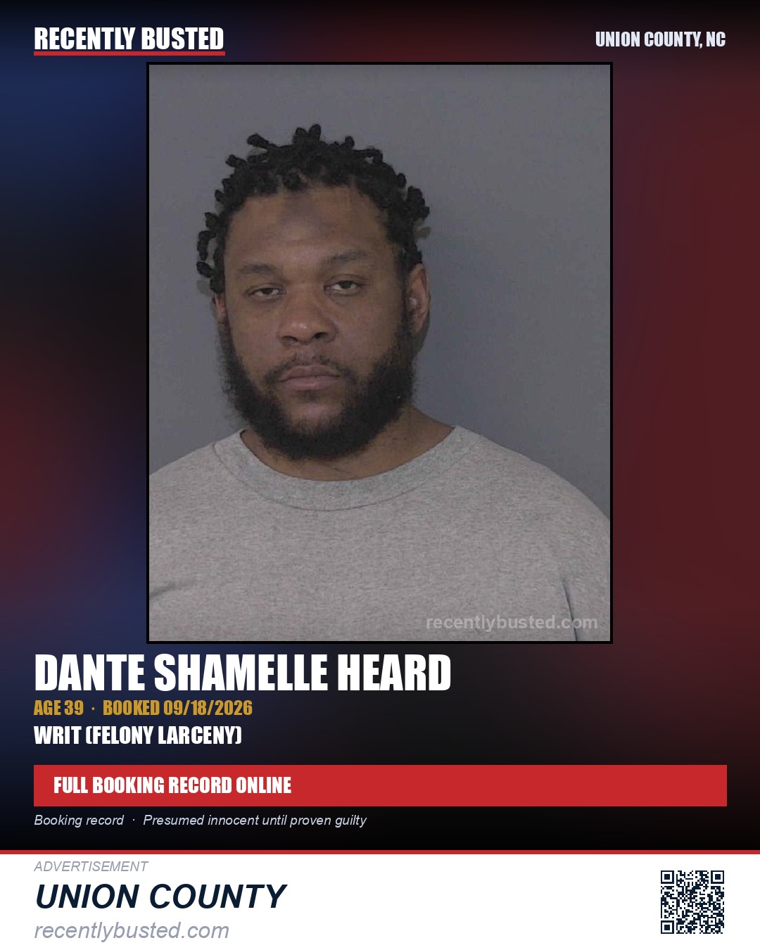 HEARD, DANTE SHAMELLE — arrest record card, Union County, North Carolina