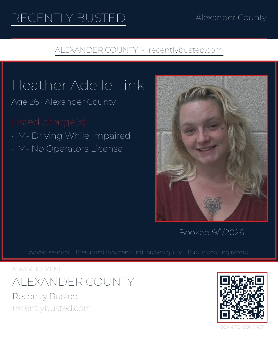 HEATHER ADELLE LINK — arrest record card, Alexander County, North Carolina