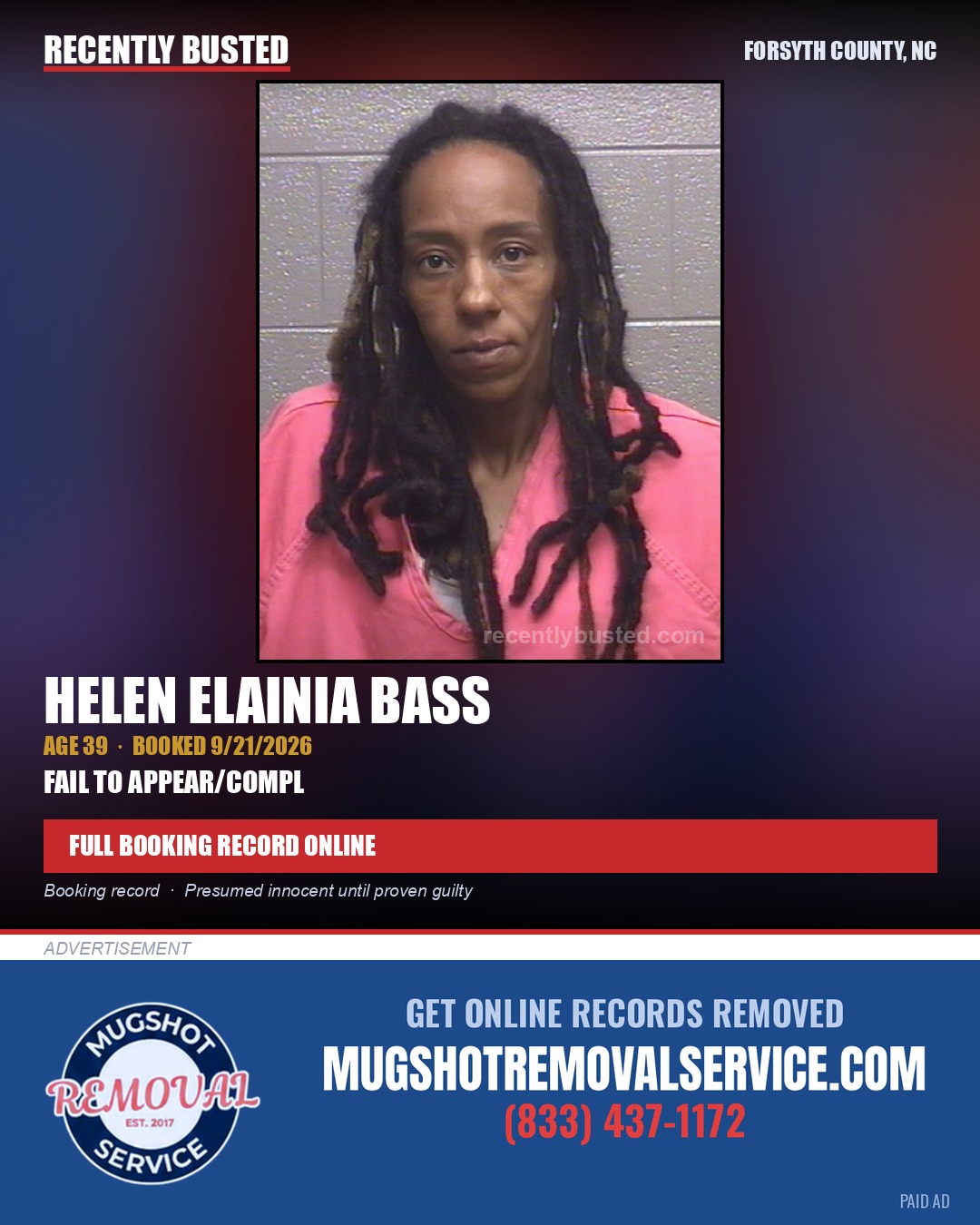 HELEN ELAINIA BASS — arrest record card, Forsyth County, North Carolina