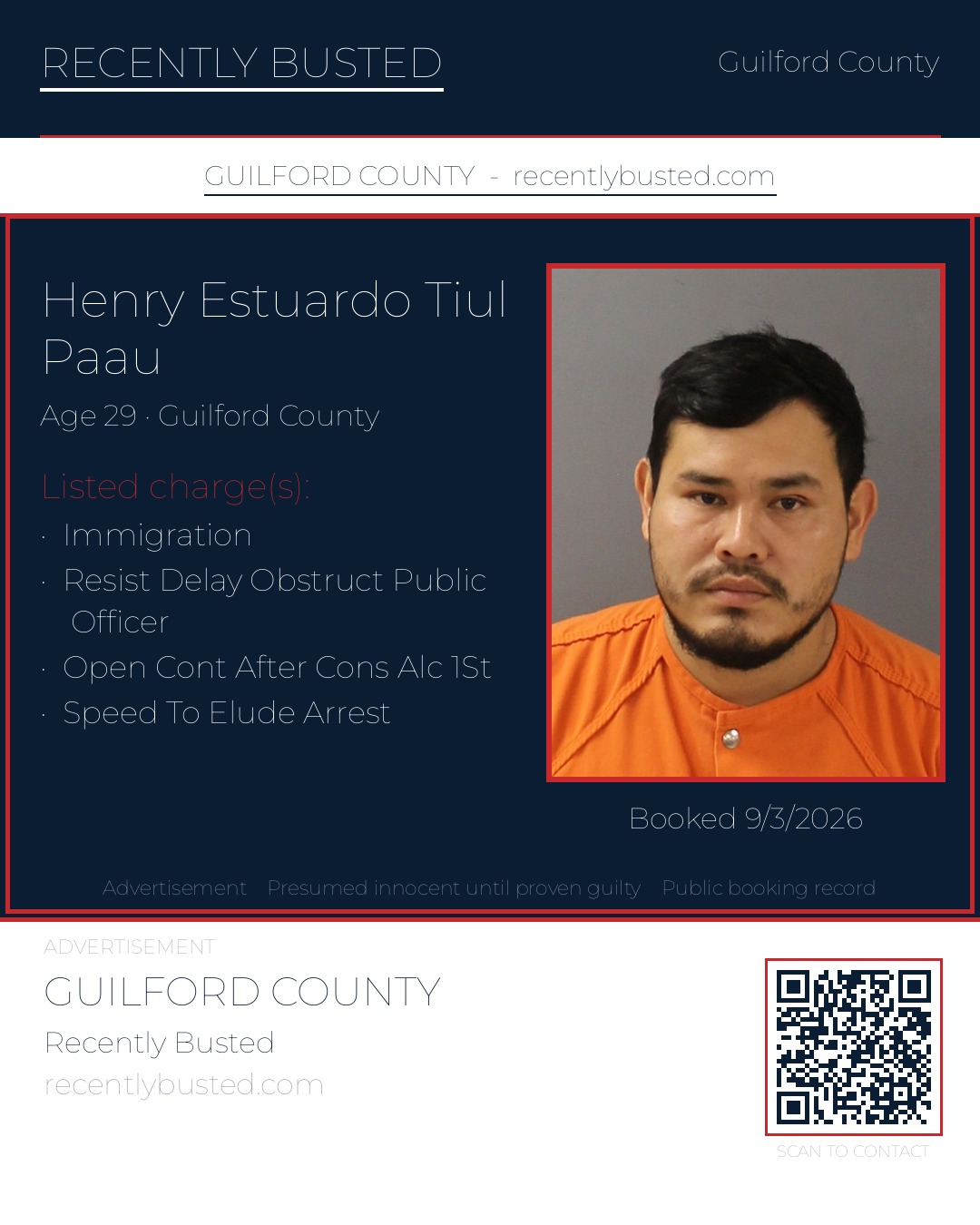 HENRY ESTUARDO TIUL PAAU — arrest record card, Guilford County, North Carolina