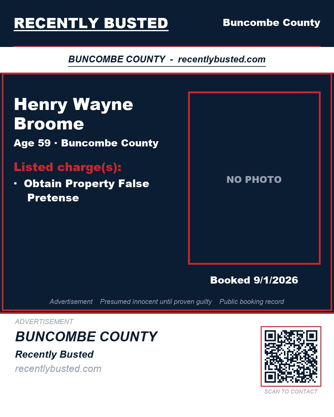 HENRY WAYNE BROOME — arrest record card, Buncombe County, North Carolina