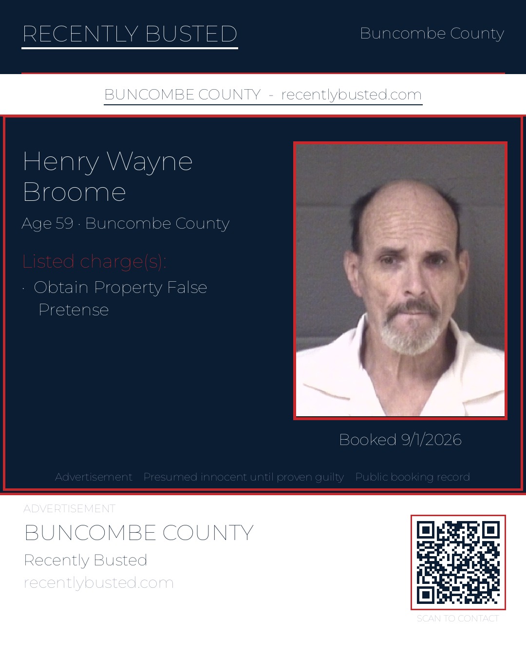 HENRY WAYNE BROOME — arrest record card, Buncombe County, North Carolina
