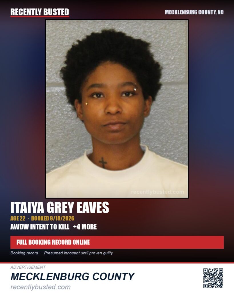 ITAIYA GREY EAVES — arrest record card, Mecklenburg County, North Carolina