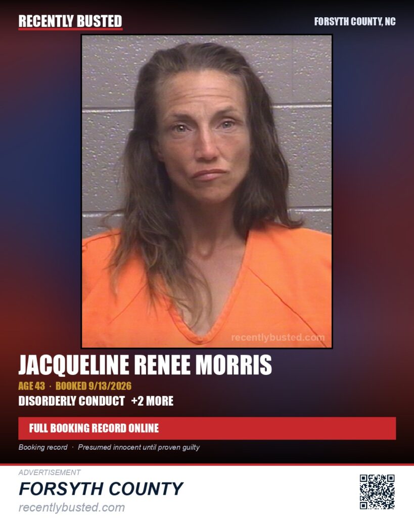 JACQUELINE RENEE MORRIS — arrest record card, Forsyth County, North Carolina