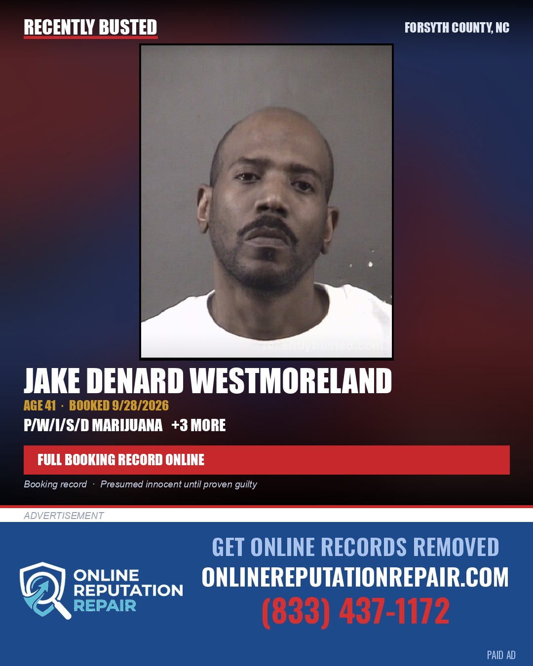 JAKE DENARD WESTMORELAND — arrest record card, Forsyth County, North Carolina