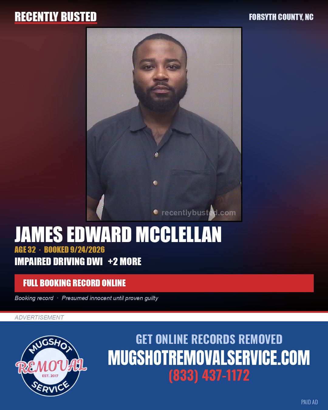 JAMES EDWARD MCCLELLAN — arrest record card, Forsyth County, North Carolina