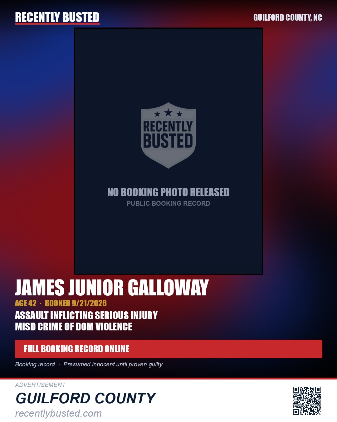 JAMES JUNIOR GALLOWAY — arrest record card, Guilford County, North Carolina