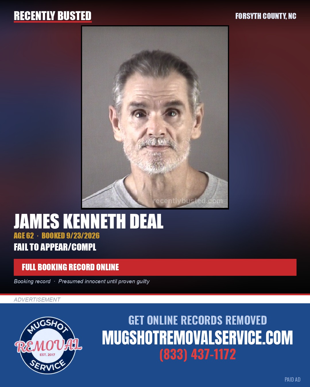 JAMES KENNETH DEAL — arrest record card, Forsyth County, North Carolina