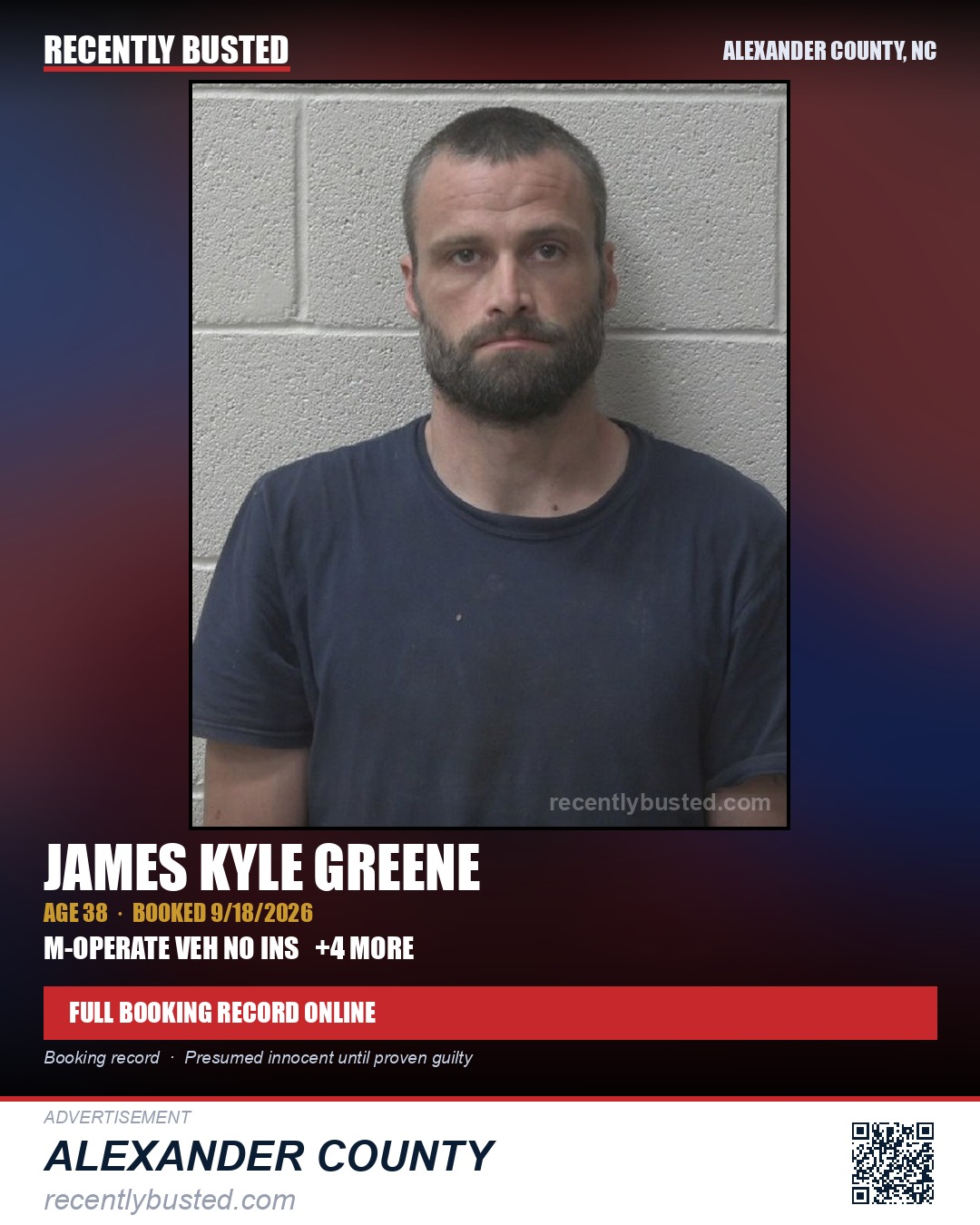 JAMES KYLE GREENE — arrest record card, Alexander County, North Carolina