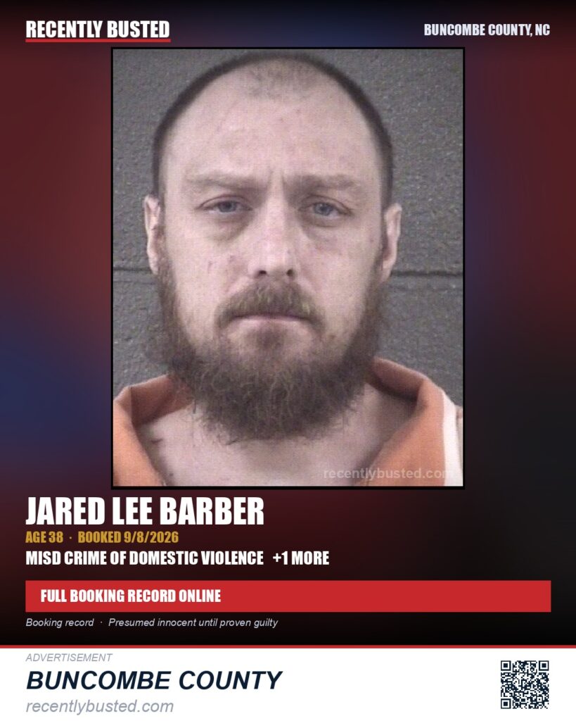 JARED LEE BARBER — arrest record card, Buncombe County, North Carolina