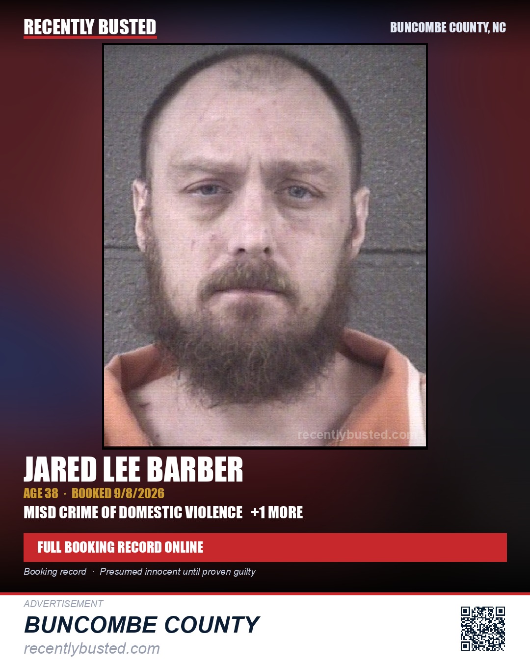 JARED LEE BARBER — arrest record card, Buncombe County, North Carolina